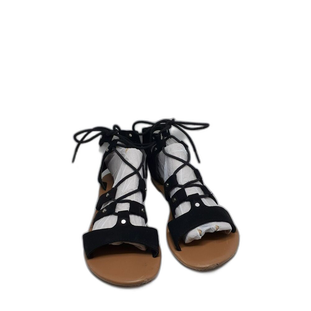 Women’s Black Gladiator Lace-Up Flat Sandals Strappy Casual Size 9 Used #380